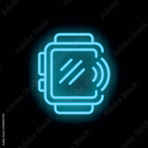 Cyan neon smartwatch emitting a signal on a black background