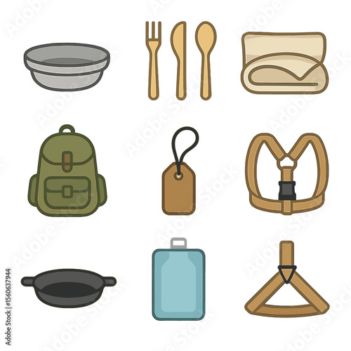 Zero-Waste Travel Icons. Flat icon set of zero-waste travel gear: stainless steel travel bowl, bamboo utensils, cotton travel mat,