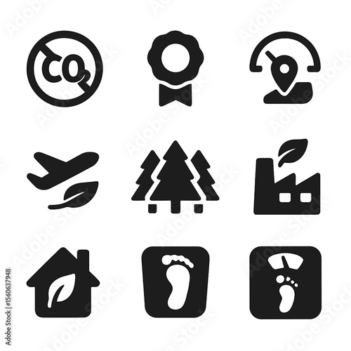 Zero Carbon Icons. Solid, filled icon set of zero carbon footprint: CO2 icon with slash, carbon offset, climate neutral badge,