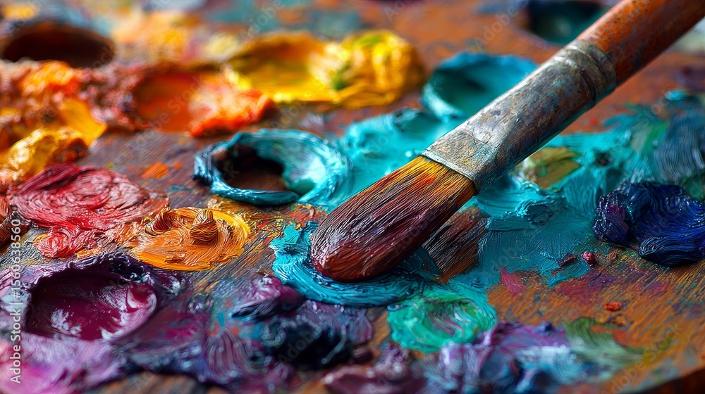 Fototapeta premium Brightly blended paints on an artistâ€™s palette, shown up close