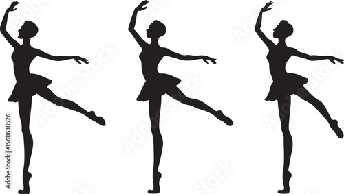 Black vector silhouettes of women and girls in various ballet dance poses illustrating motion and sport