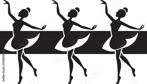 Black vector silhouettes of people: a couple dancing ballet, men and women sitting at a restaurant table, and people at a music bar