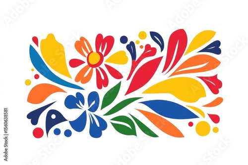 Vibrant floral design.  Colorful flowers and leaves arranged in a horizontal banner.  Bold, flat colors and simple shapes.  Abstract and decorative