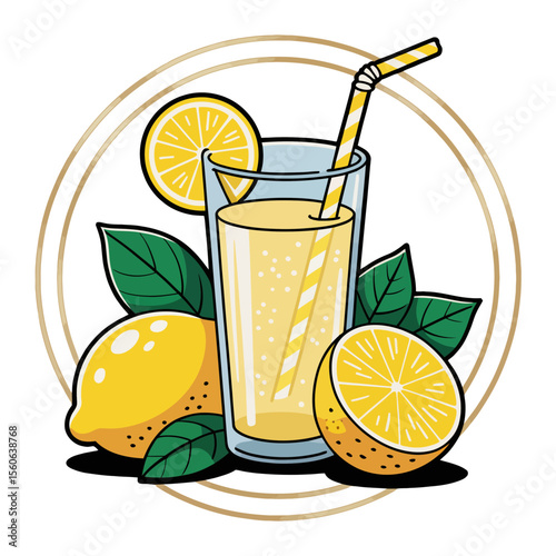 A refreshing glass of lemon juice is depicted, surrounded by whole and sliced lemons with green leaves