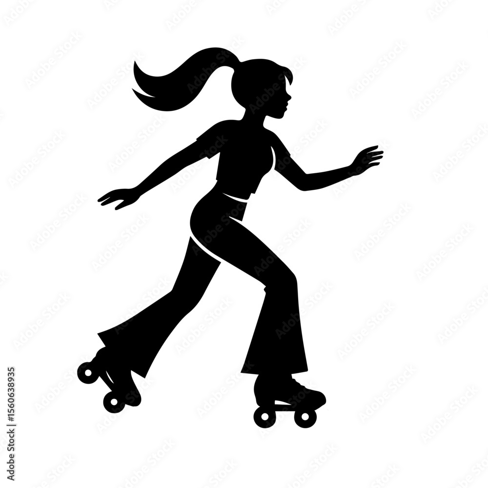 Obraz premium Y2K Roller Skater Girl Silhouette in Retro Style – Black and White Vector