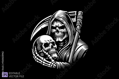 Grim reaper dark art scary creepy illustration engraving style tattoo vector black and white background templates