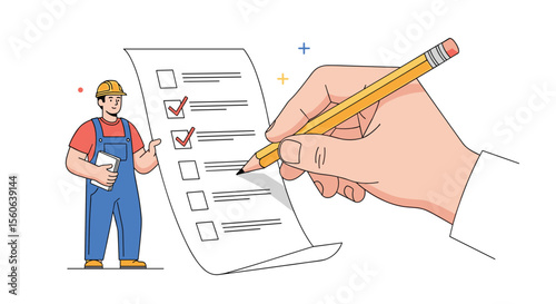 Construction Worker Completing Project Checklist for Site Inspection and Quality Control