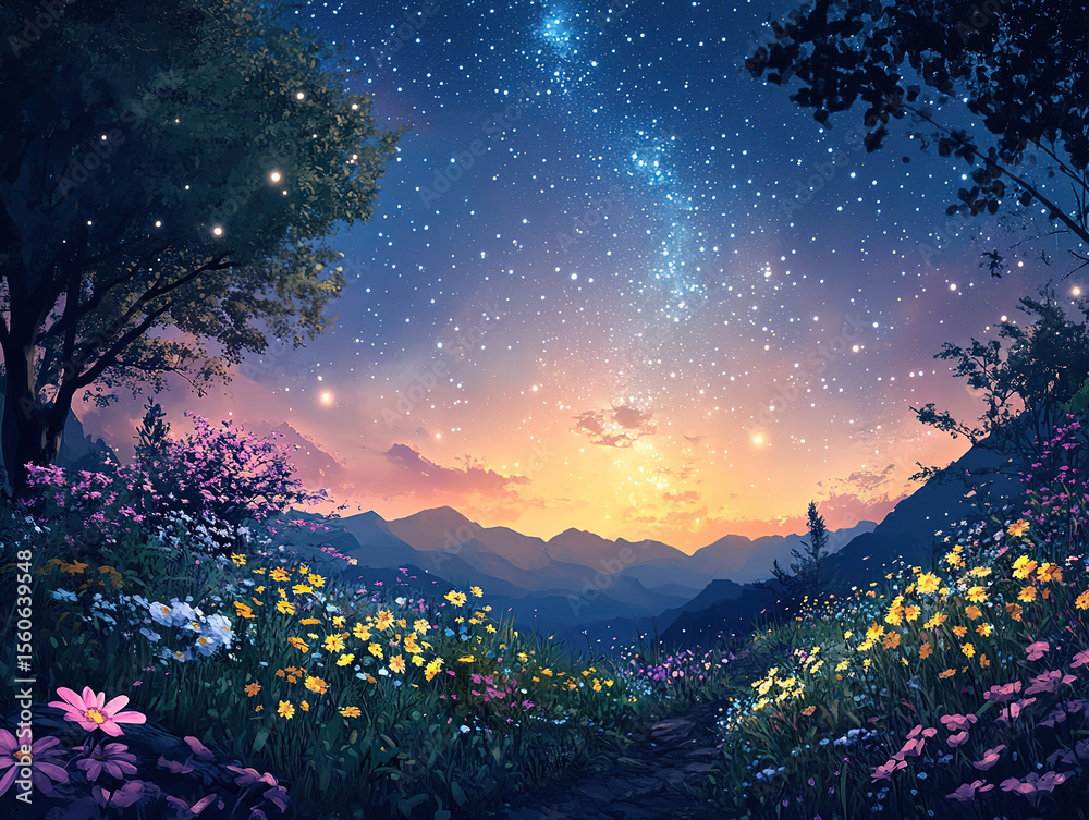 Naklejka premium Deep night landscape with glowing Milky Way stars and cosmic beauty
