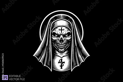 Nun tattoo dark art scary creepy illustration engraving style tattoo vector black and white background templates