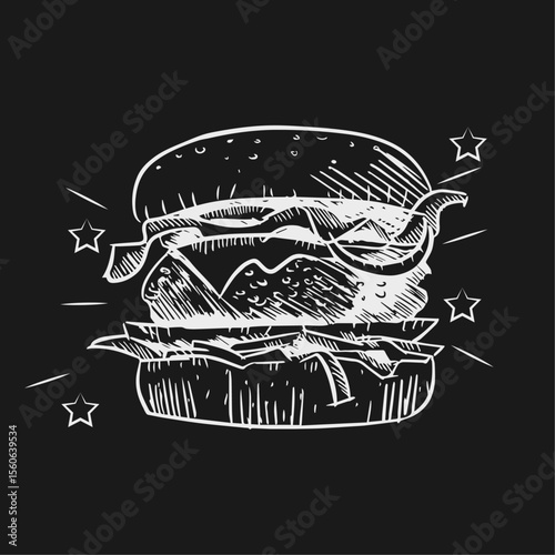 Classic Burger Sketch: A handcrafted monochrome illustration of a mouthwatering burger, complete with layers of fresh ingredients and adorned with star accents.
