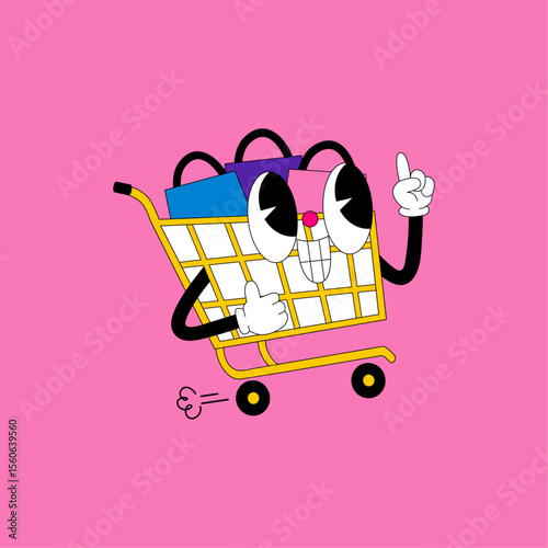 Happy Shopping: An adorable shopping cart character with bags in a vibrant scene. Perfect for retail, e-commerce, and promotional content.
