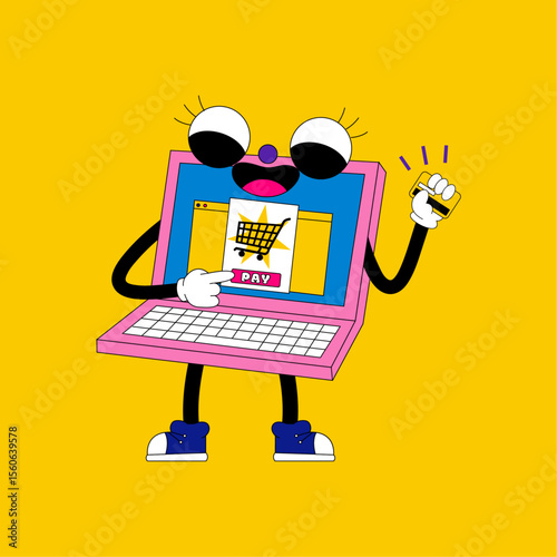 Laptop Credit Card Checkout: Animated laptop cartoon holding a credit card, ready for online shopping. The screen displays a shopping cart and 'Pay' button, set against a bright background.