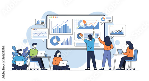 Business Analytics Team Collaborating on Financial Performance Charts and Graphs