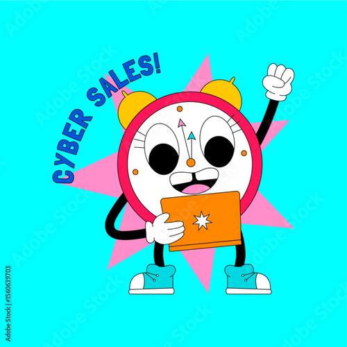 Cyber Sales Clock: A charming cartoon clock figure, radiating energy and enthusiasm, triumphantly announces "Cyber Sales!".