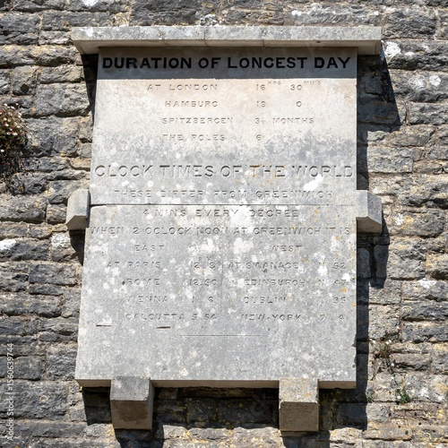 Stone tablet inscribed with worldwide times at Durlston Castle Swanage Dorset 