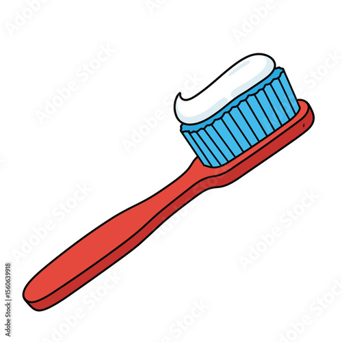 Close-up of a blue plastic toothbrush with toothpaste, isolated on a white background, perfect for dental hygiene and oral care