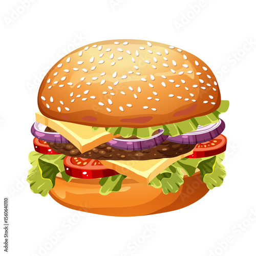 Savory Stack: A mouthwatering illustration of a classic hamburger, meticulously crafted with fresh ingredients and enticing textures, perfect for culinary themes.