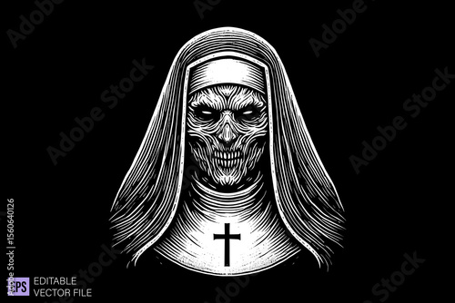 Nun tattoo dark art scary creepy illustration engraving style tattoo vector black and white background templates