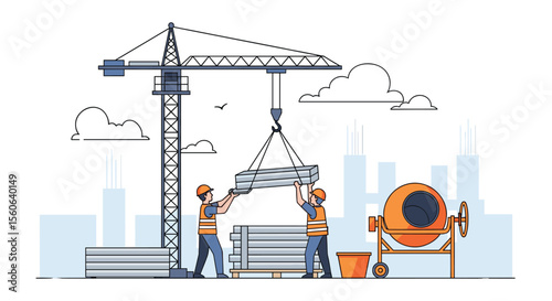 Workers Operating Heavy Machinery At Urban Construction Site Scene