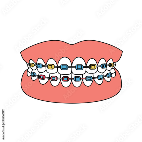 Cartoon smiling teeth with braces vector icon