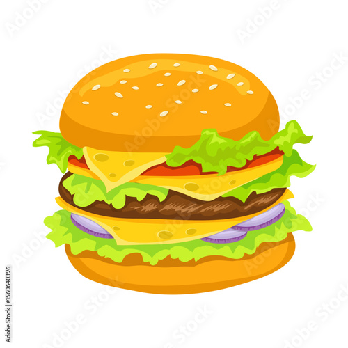 Delectable Layered Burger: A close-up, tempting illustration showcases a perfect burger with layers of flavorful ingredients, a feast for the eyes and a promise of deliciousness.