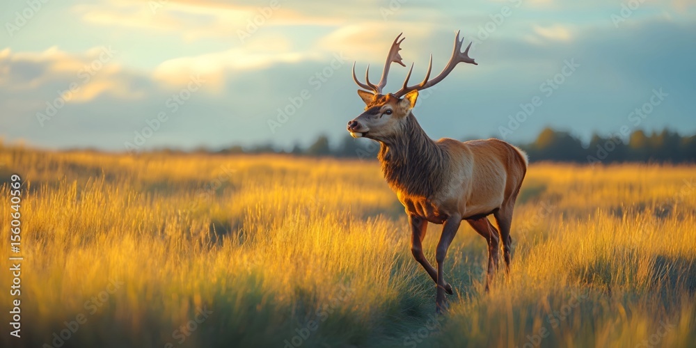Naklejka premium A stag runs across the grassland, bathed in soft sunlight