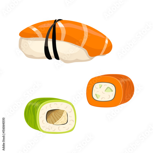 Sushi Assortment: A vibrant illustration showcasing nigiri and maki sushi, highlighting fresh salmon and avocado fillings, perfect for menus or culinary websites.