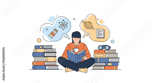 Person reading a book surrounded by stacks of books with thought bubbles above their head