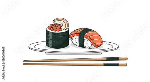 Delicious Pixel Art Sushi and Chopsticks on a Plate Japanese Food Illustration