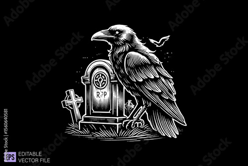 raven in graveyard dark art scary creepy illustration engraving style tattoo vector black and white background templates