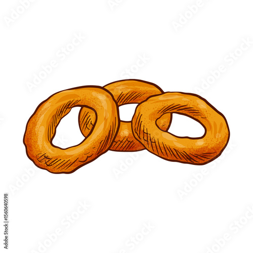 Crispy Onion Rings: Three golden-brown onion rings, perfectly battered and fried, are artfully arranged against a white background.  The image evokes a sense of deliciousness and indulgence.