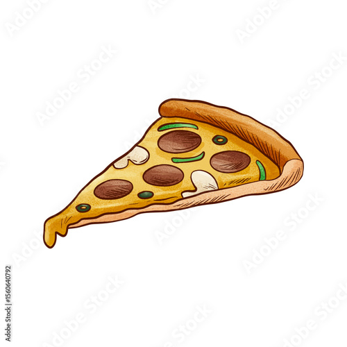 Delicious Pizza Slice: A tempting slice of pizza with melted cheese, savory sausage, and vibrant green peppers, perfect for illustrating food blogs, restaurant menus.