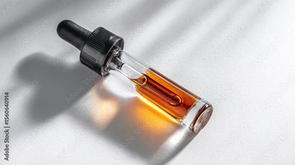 Top view of a skincare dropper containing serum on a white surface Top view of a skincare dropper containing serum on a white surface