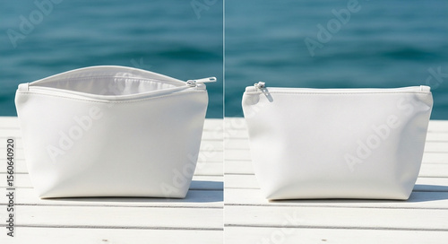 A split image of white cosmetic bag on a white wooden slatted surface near the ocean with open and closed views with faux leather texture and functional zippered design