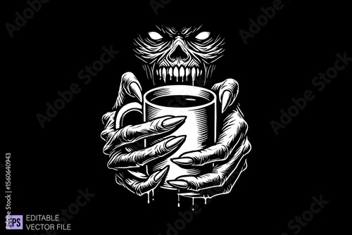 hand holding mug dark art scary creepy illustration engraving style tattoo vector black and white background templates