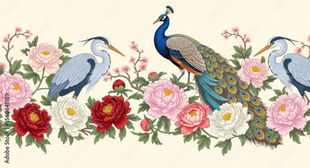 Fototapeta premium Exotic Birds and Peonies Border Design Featuring Cranes and a Peacock Amidst Floral Splendor