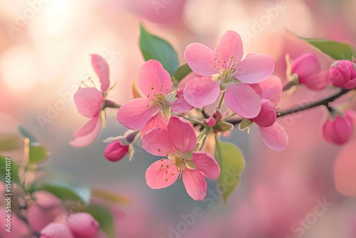 The crabapple flowers bloom on the branches, their pink petals delicate and vibrant