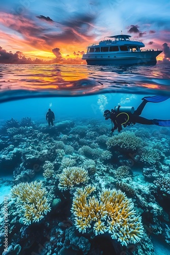 Divers swim freely among coral reefs, with shimmering sea water and a vibrant underwater landscape in the background