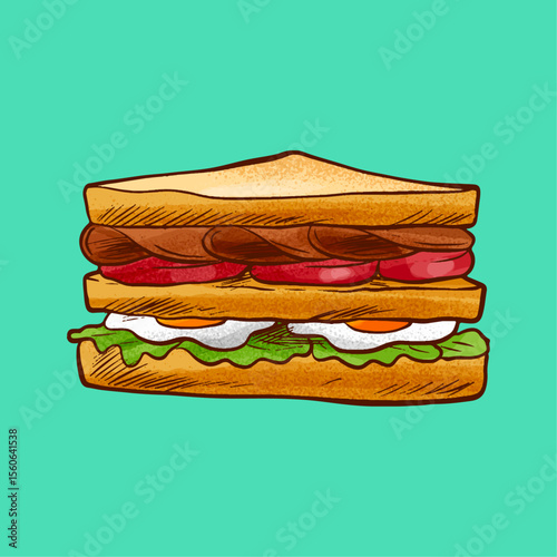Perfectly Layered Sandwich: A hand-drawn illustration showcases a mouthwatering sandwich, filled with fresh ingredients and delicious flavors, a culinary delight.