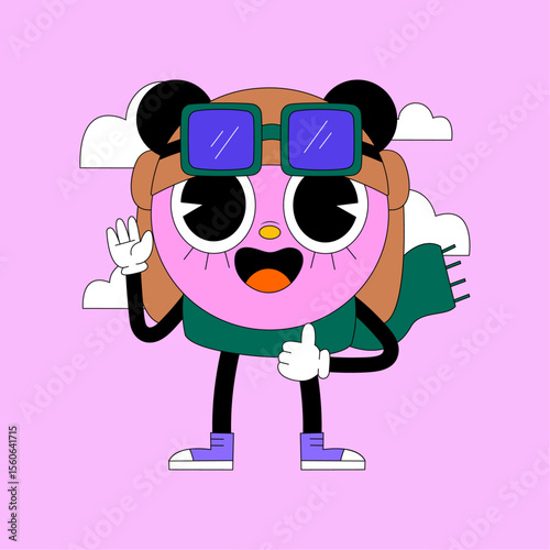 Playful Cartoon Character's Positive Vibe: An engaging cartoon character with big eyes waves and gives a thumbs-up, radiating optimism and friendliness. Illustrated in a dynamic style.