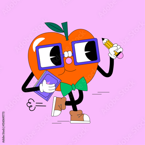 Cute Illustration Apple Cartoon Character: A vibrant cartoon character in the form of an apple, brought to life with a pen, glasses, and book, embodying creativity and the joy of learning.