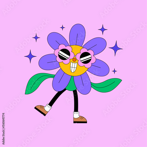 Blooming with Joy: A whimsical flower illustration, sporting stylish sunglasses and an infectious grin, dances against a vibrant backdrop, embodying pure, unadulterated happiness.