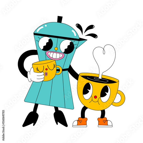 Coffee Pot and Cup Friendship: A playful and inviting illustration features a cartoon coffee pot and cup duo, exuding warmth and the aroma of fresh brewed coffee.