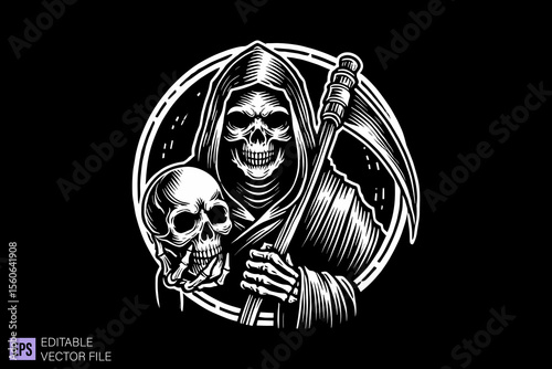 Grim reaper dark art scary creepy illustration engraving style tattoo vector black and white background templates