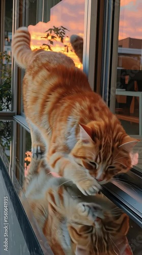 Cat naps on balcony, cat reflection on balcony, cat golden sky balcony.