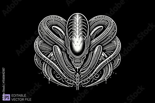 Alien dark art scary creepy illustration engraving style tattoo vector black and white background templates