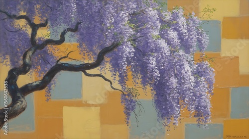 Serene Lavender Wisteria Tree in Abstract Geometric Landscape