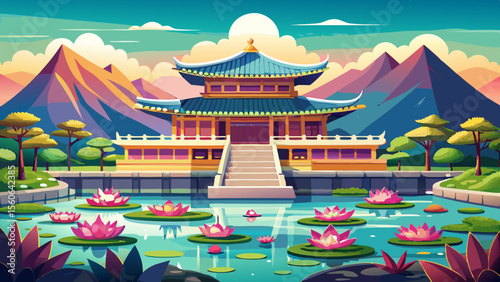 Gyeongbokgung Palace in Seoul, South Korea stands peacefully with its sweeping tiled roofs, lotus ponds, and mountain backdrop—a graceful blend of nature and Joseon dynasty elegance.