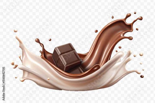 realistic 3d smooth liquid chocolate and milk splashes in different style isolated on transparent background	
