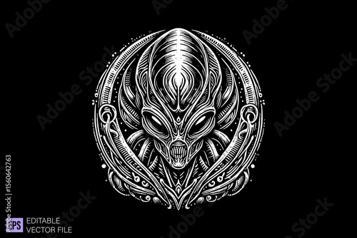 Alien dark art scary creepy illustration engraving style tattoo vector black and white background templates